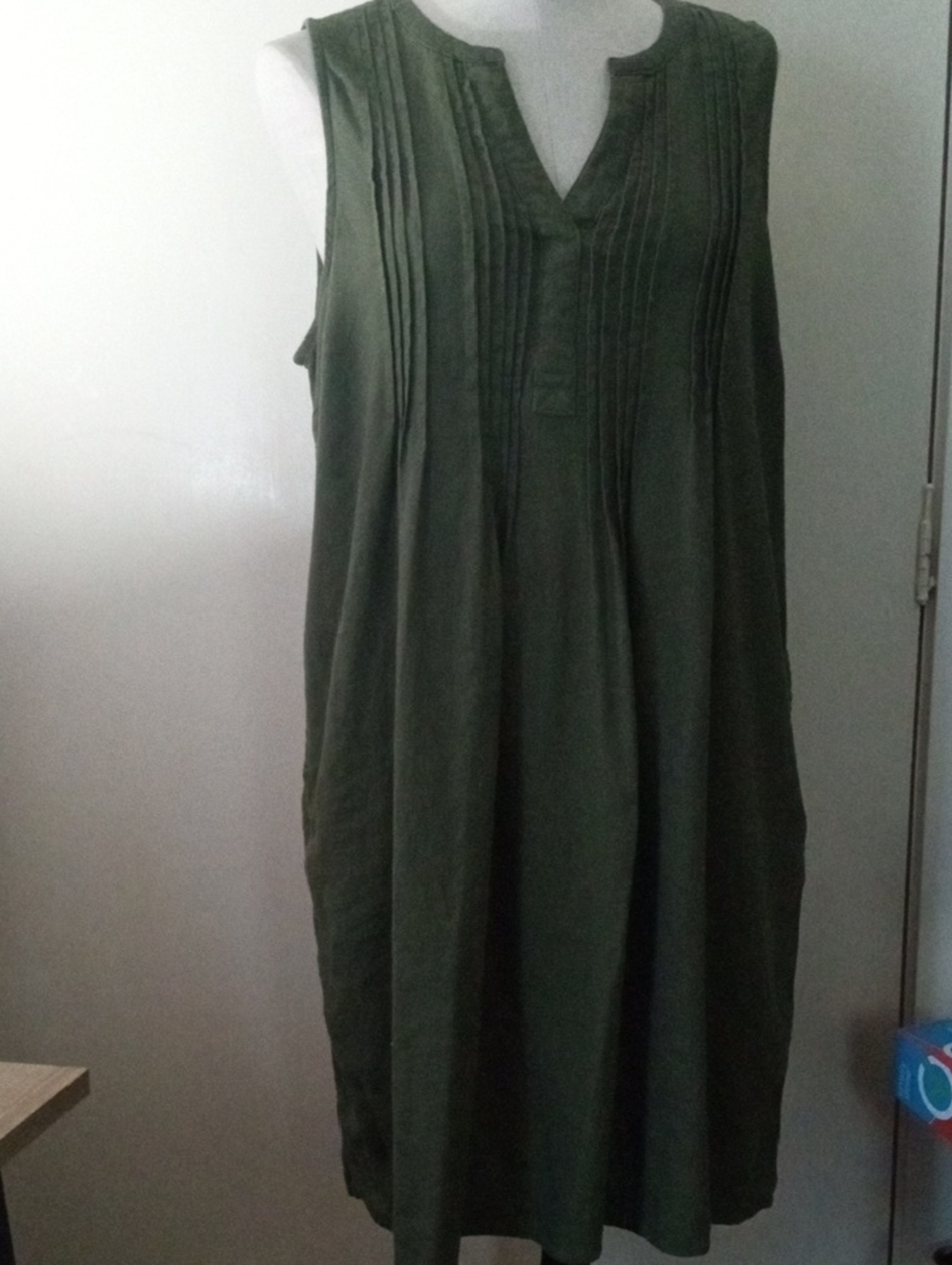 Sonoma Olive Green Sleeveless Pintuck Midi Dress